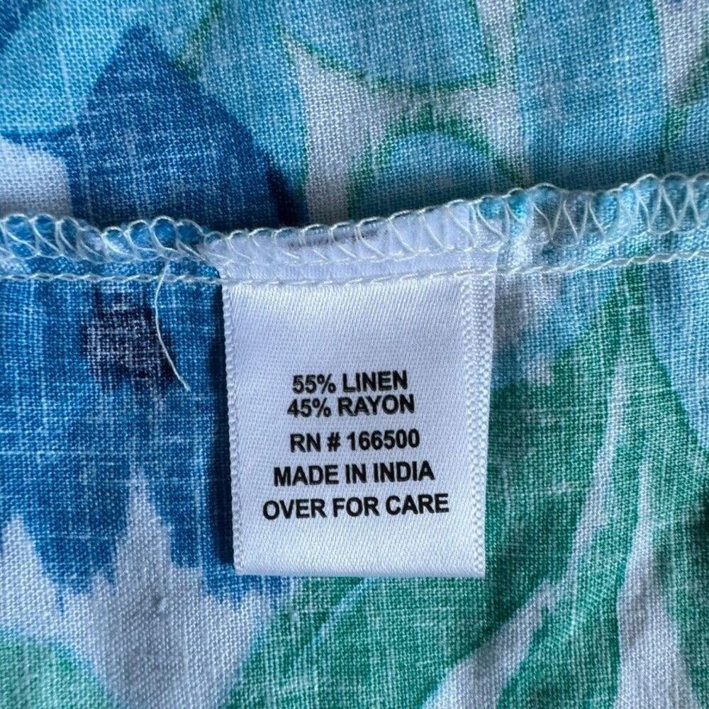 Emily Daniels Size XL Linen Blend Blue Floral Short Sleeve Blouse Tropical Beach - Picture 5 of 5